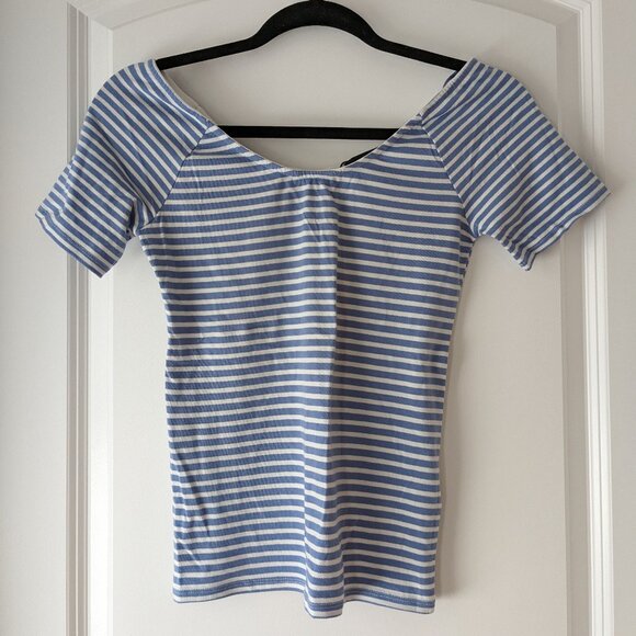 Blue & white striped, short sleeve fitted top - Picture 1 of 5